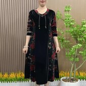 连衣裙洋气妈妈2024丝绒中老年秋季 裙子国风长裙 宽松长袖 新款 大码