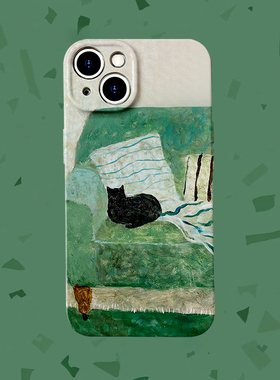 窝在沙发里~草绿涂鸦猫咪适用iPhone16/15promax手机壳华为mate60pro软OPPOreon9苹果14/13vivoX200一加ACE3V