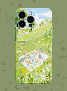 在春天~油画野餐小猫适用iPhone16/15pro手机壳华为nova12菲林畅享70硬OPPOr17苹果13vivos18软IQOO9一加ACE3