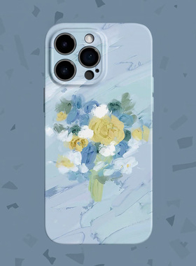 【心动】蓝色治愈花束适用iPhone16/15promax手机壳华为mate60软OPPOreon12油画vivoS20苹果14一加ACE3小米15