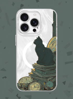 【安静守望】艺术钟表猫咪适用iPhone17/16pro手机壳红米K70磁吸vivos19华为mete60羽纱一加ACE3小米14一加11