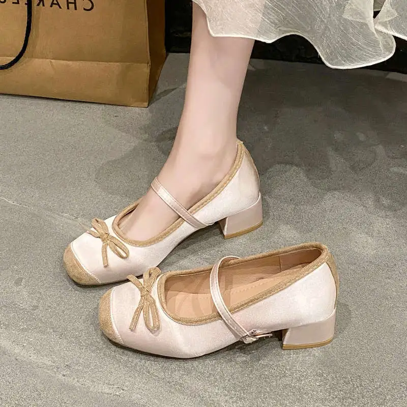 小个子增高7cm玛丽珍鞋女蝴蝶结一字带银色晚晚风温柔粗跟芭蕾鞋
