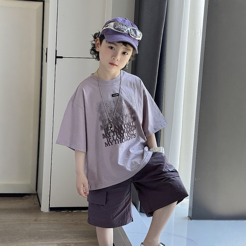 胖东来男宝夏日套装小童超好看夏季短袖裤T恤薄款男童紫色夏装儿