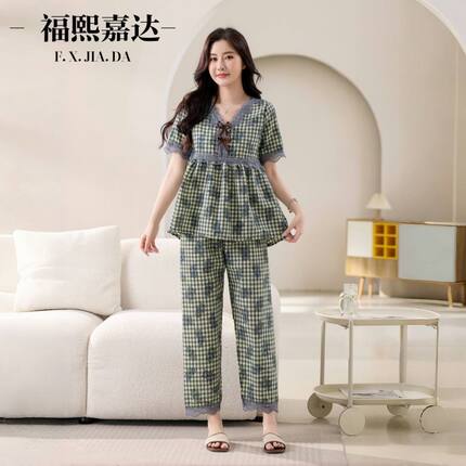 爆款睡衣女洋气时尚棉布格子2025春季新款家居服两件套