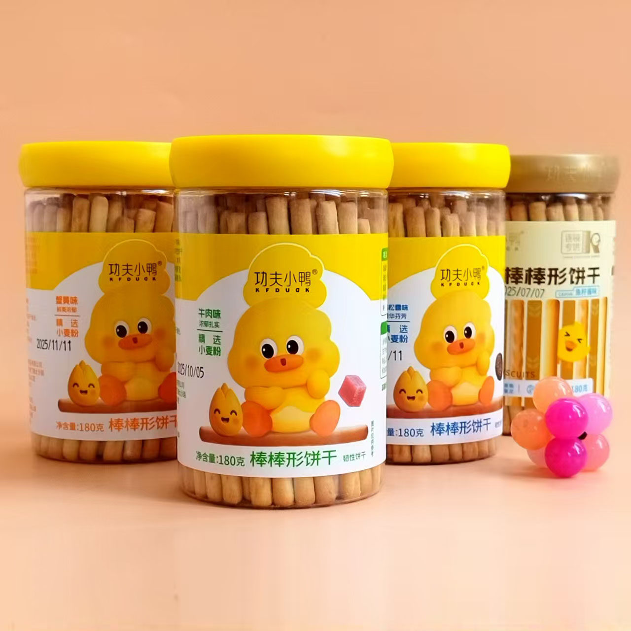 功夫小鸭棒棒形饼干180g牛肉蟹黄鱼籽酱黑松露酥脆营养零食炭烧棒