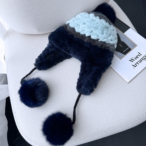 薇儿卡皮草韩系帽子蓝色拼色狐狸毛球獭兔护耳保暖帽