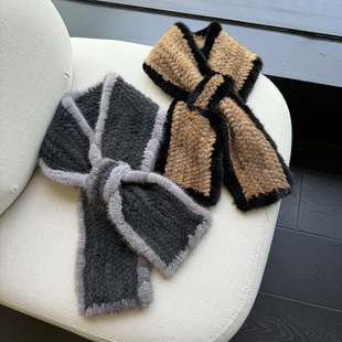 水貂毛柔软拼色镶边双面紧密编织秋冬季 保暖男女送礼毛皮草围巾