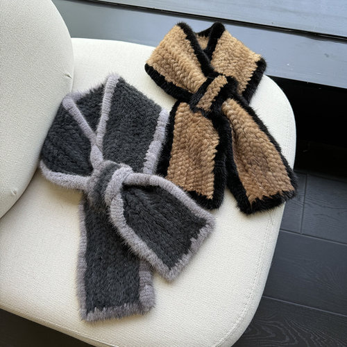 水貂毛柔软拼色镶边双面紧密编织秋冬季保暖男女送礼毛皮草围巾