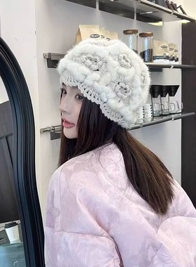水貂毛珍珠色花朵花瓣秋冬气质百搭貂皮草包头镂空手工毛线女帽子
