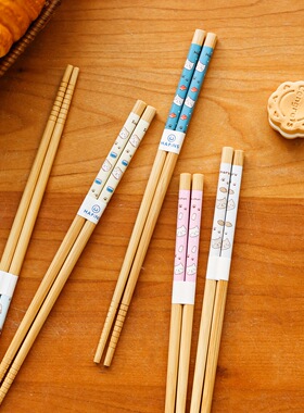 日本Hapins无漆无蜡五色可爱卡通猫咪防滑防霉竹筷子家用套装情侣