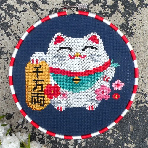 摆件十字绣DMC招财猫藏蓝布手工
