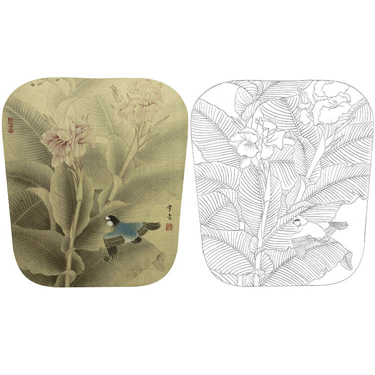 工笔画白描底稿实物勾线白纸打印稿龚雪青小鸟美人蕉xq31