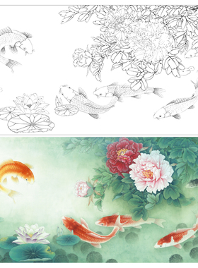 【大彩图】李晓明横幅工笔画白描底稿牡丹鲤鱼《富贵有鲤图》KA22