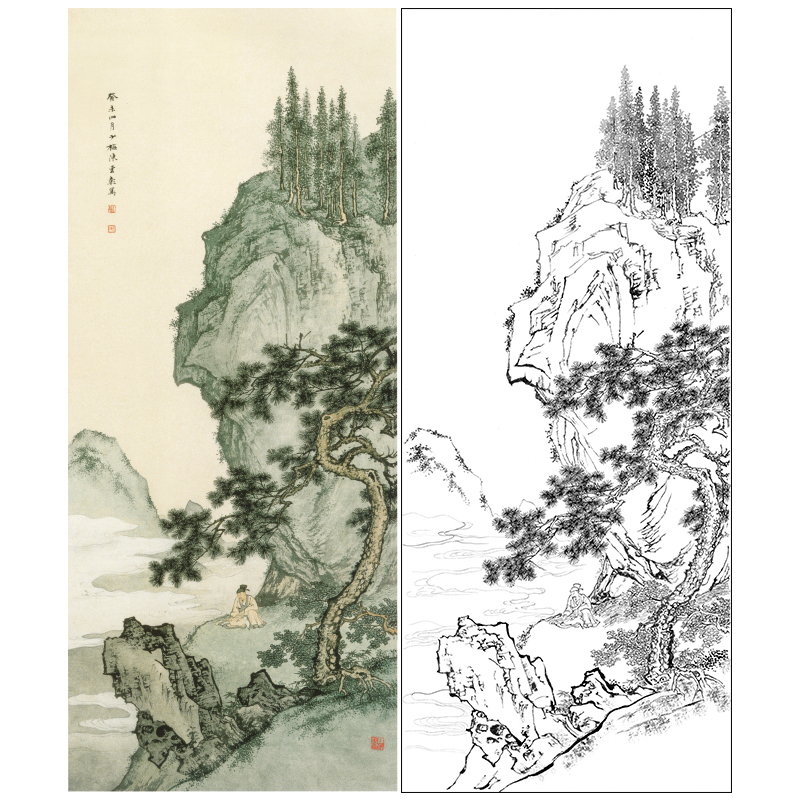 陈少梅工笔山水人物白描底稿《夏山赏云图》临摹高清打印稿CR33