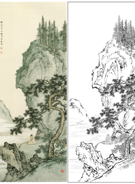 陈少梅工笔山水人物白描底稿《夏山赏云图》临摹高清打印稿CR33