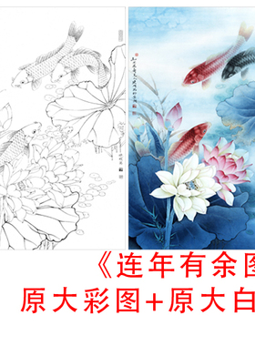工笔白描鲤鱼底稿李晓明三尺竖连年有余图线描临摹实物打印稿857C
