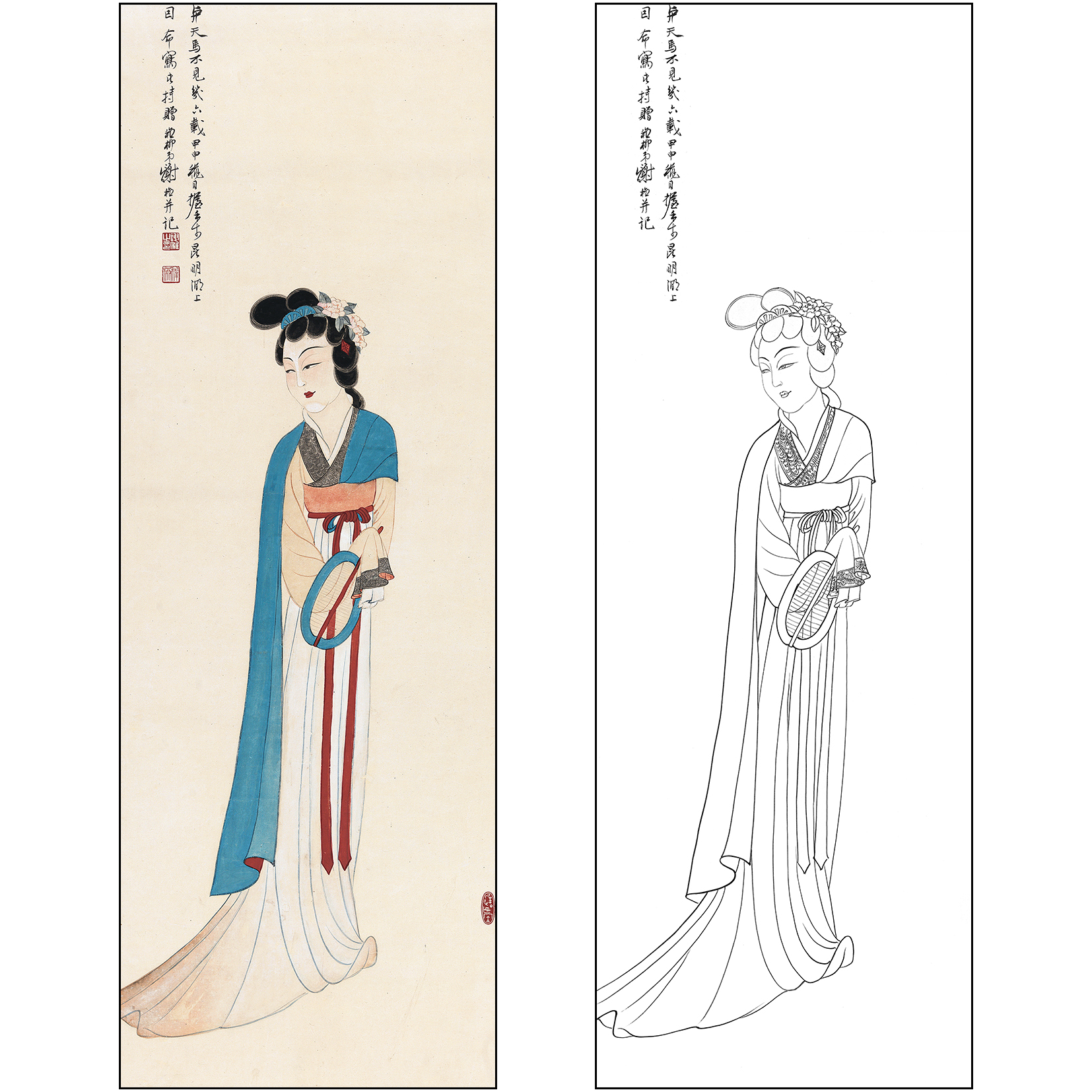 谢稚柳人物工笔画白描底稿《唐装仕女》临摹勾线高清打印稿XZ29