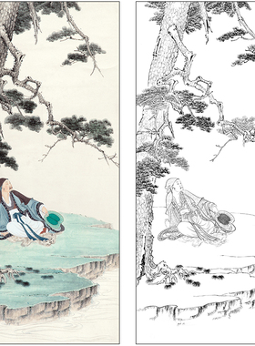 任重山水人物工笔画白描底稿《松溪高士》临摹勾线高清打印稿RD46