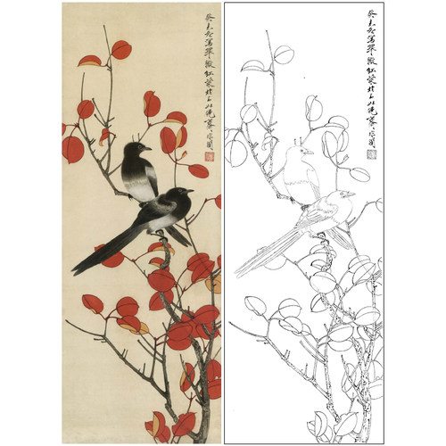 于非闇工笔花鸟白描底稿喜鹊《翠微红叶》临摹勾线高清打印稿YF47