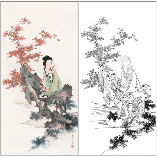 工笔画白描底稿王叔晖人物仕女图《红叶忆君》四尺高清打印稿SH64
