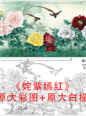 工笔白描牡丹四尺绶带底稿李晓明姹紫嫣红线描临摹实物打印稿877C