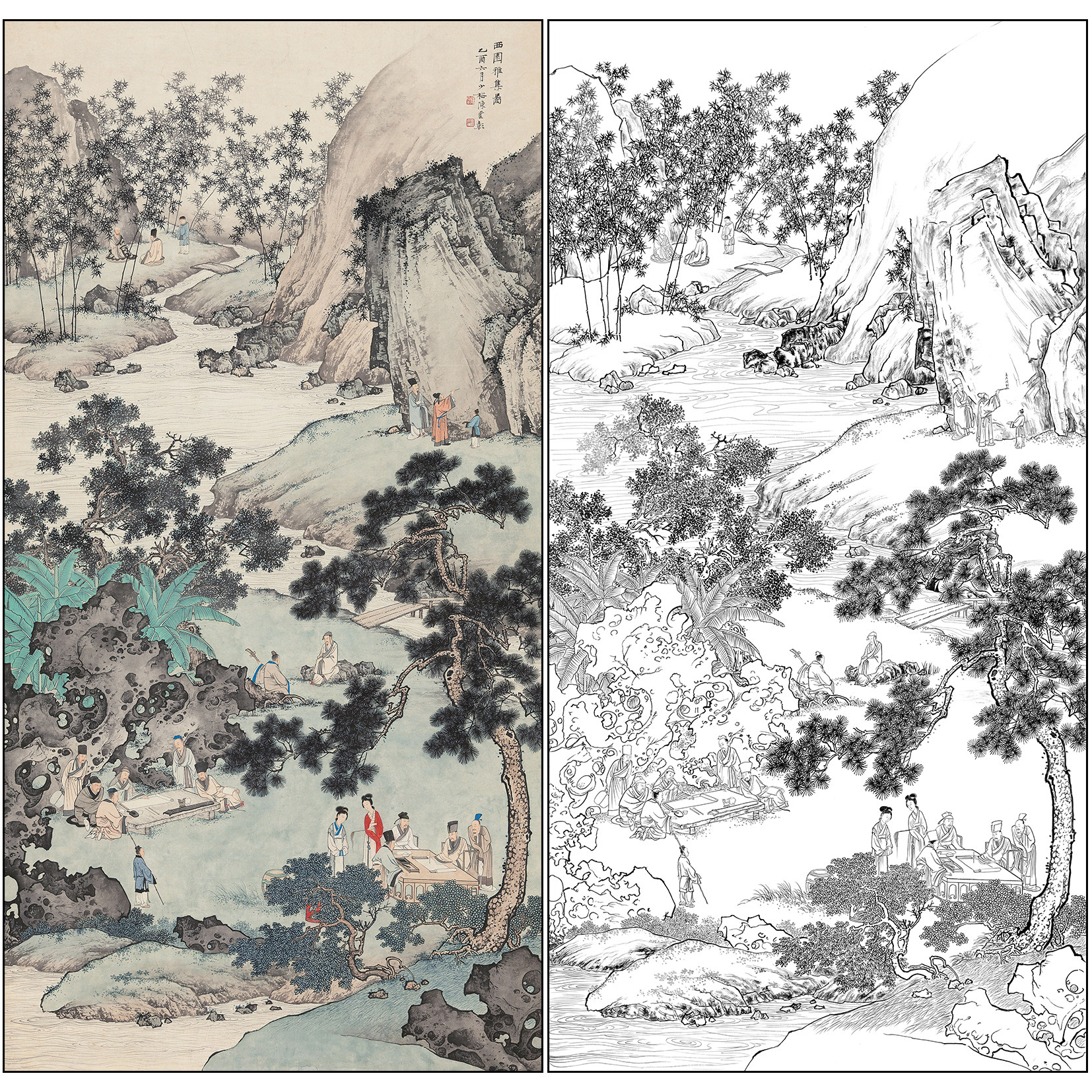 陈少梅山水人物工笔画白描底稿《西园雅集图》临摹高清打印稿SM49