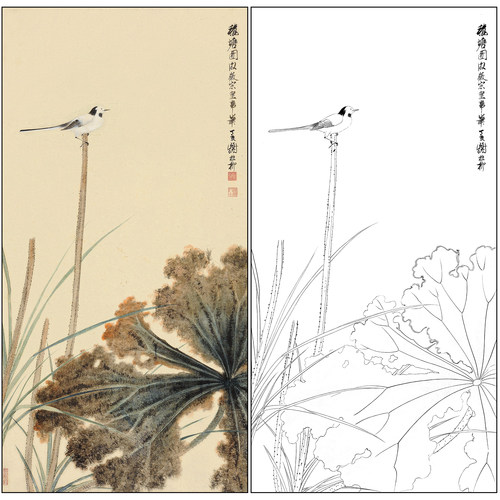 谢稚柳花鸟荷花翠鸟工笔画白描底稿《秋塘图》临摹高清打印稿XZ54