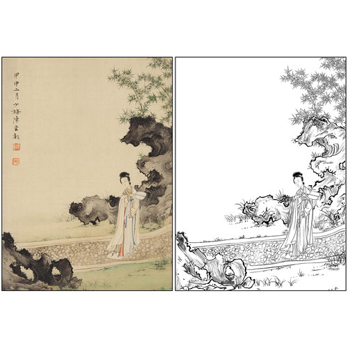 陈少梅山水人物仕女工笔画白描底稿《执扇仕女》高清打印稿SM52
