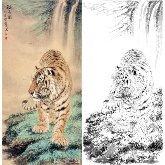 工笔画白描底稿实物勾线打印稿80*161厘米王爱民老虎含彩图-WH10