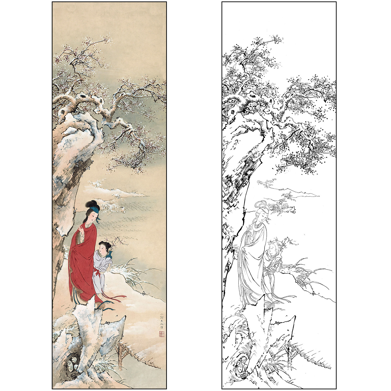 工笔画白描底稿王叔晖仕女图人物花鸟梅花《寻梅图》打印稿SH54
