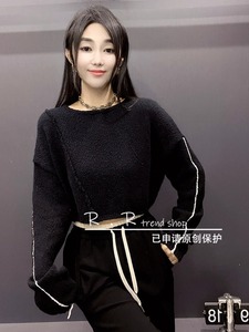 短款套头上衣长袖圆领撞色侧条纹针织衫毛衣女2023秋季新款欧洲站