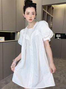 连衣裙女2024夏季 新款 fashion 重工拼接泡泡袖 圆领裙子 短袖