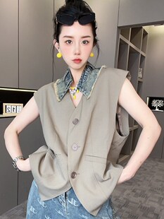 fashion V领马甲女2024夏季 新款 纯色单排扣外套 高级感无袖 西装