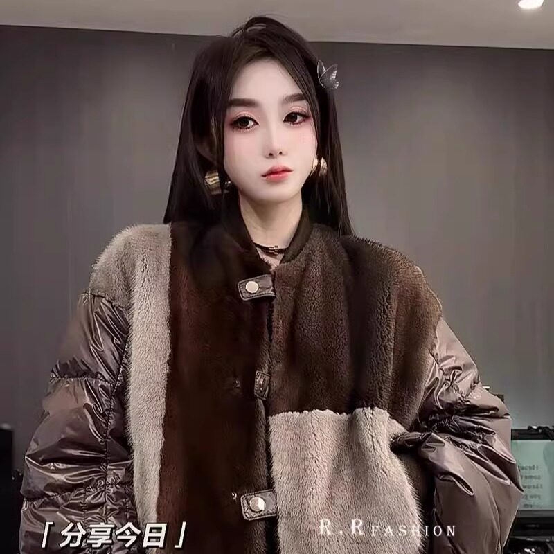 貂毛羽绒服女2025秋冬新款欧洲站女装拼色圆领单排扣外套长袖上衣