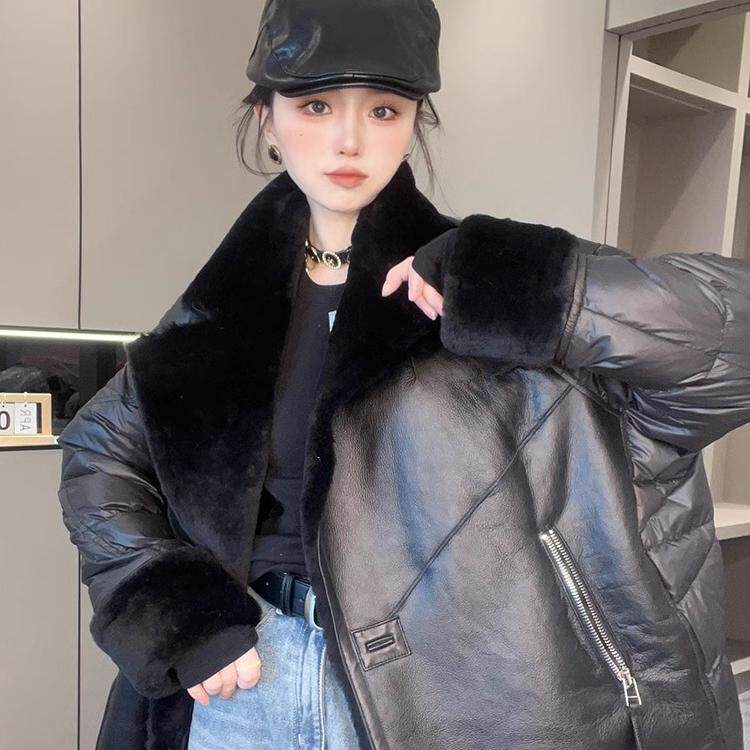 【现货】毛领皮草外套长袖拼接皮毛一体羽绒服女2025秋冬新款女装