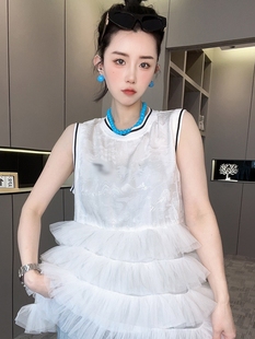 背心连衣裙女2024夏季 新款 fashion 国风暗花网纱拼接泡泡裙