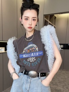 fashion T恤女2024夏季 新款 圆领上衣 图案印花蕾丝拼接小衫 短款