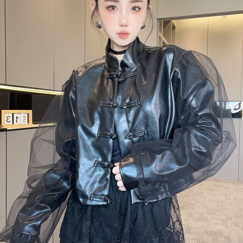 蛋白皮皮衣女2025秋季新款国风纯色网纱拼接长袖外套盘扣立领上衣