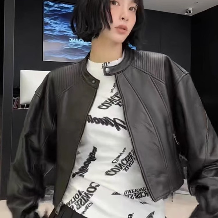 【现货】皮衣女2025春季新款纯色绵羊皮外套短款拉链长袖真皮上衣