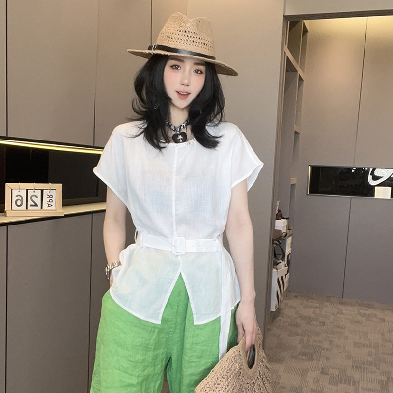 短袖T恤女2026夏季新款欧洲站纯色腰带收腰打底衫圆领半袖上衣
