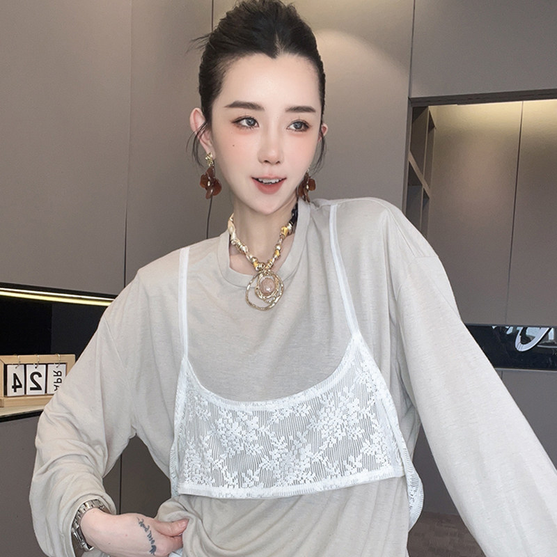 T恤女2026夏季新款欧洲站设计感蕾丝钩花拼接打底衫长袖圆领上衣
