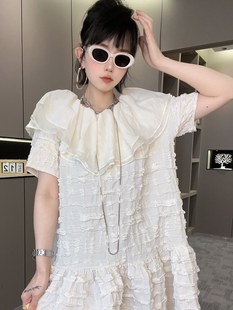 连衣裙女2024夏季 新款 fashion 法式 一字肩裙子拼色蛋糕裙 短袖