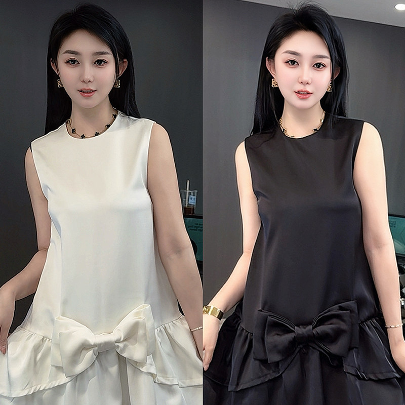 无袖连衣裙女2026夏季新款纯色蝴蝶结拼接背心裙圆领短裙时尚裙子