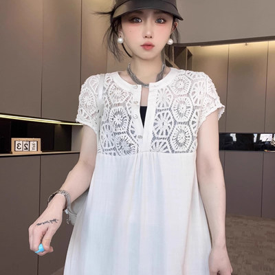 短袖连衣裙女2025夏季新款设计感蕾丝钩花拼接长裙减龄半袖裙子
