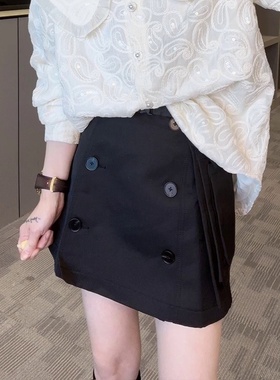 RR fshion 2024春季新款欧洲站显瘦半身裙女双排扣百褶裙高腰裙裤