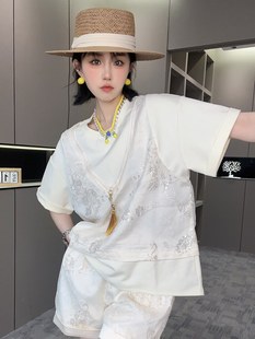 重工亮片套装 两件套女2024夏季 短袖 上衣高腰短裤 fashion 新款