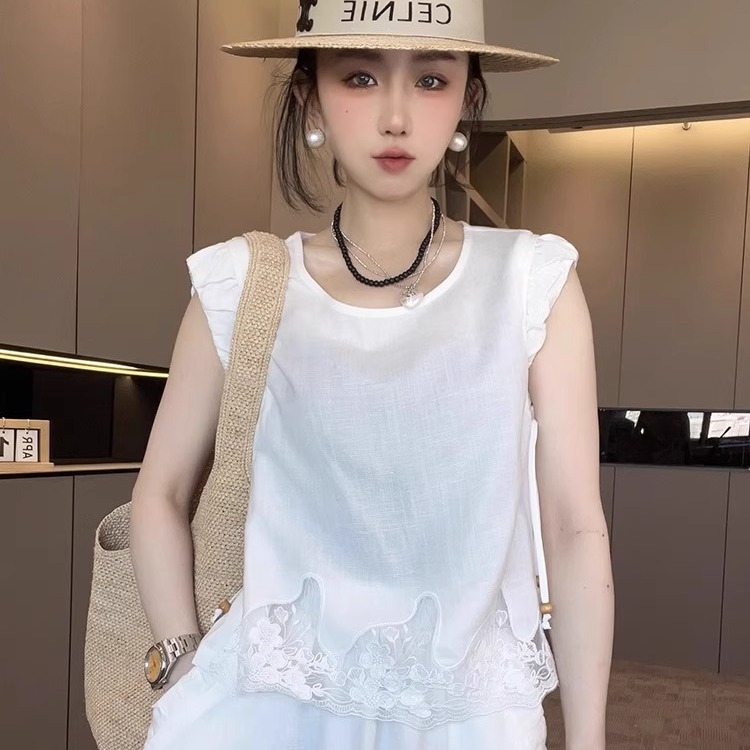 无袖上衣高腰半身裙纯色蕾丝钩花拼接套装两件套女2025夏季新款