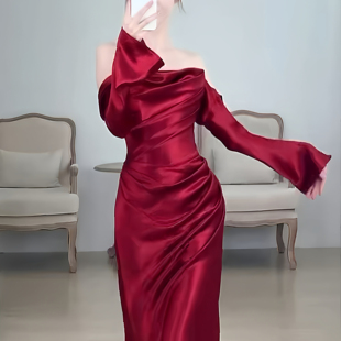 缎面长袖敬酒服鱼尾新款新娘结婚订婚礼服女高级感主持人晚礼服