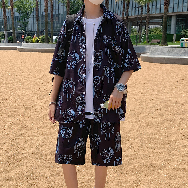 港风夏季碎花夏威夷套装2025年薄款短袖衬衫男士宽松时尚沙滩裤潮