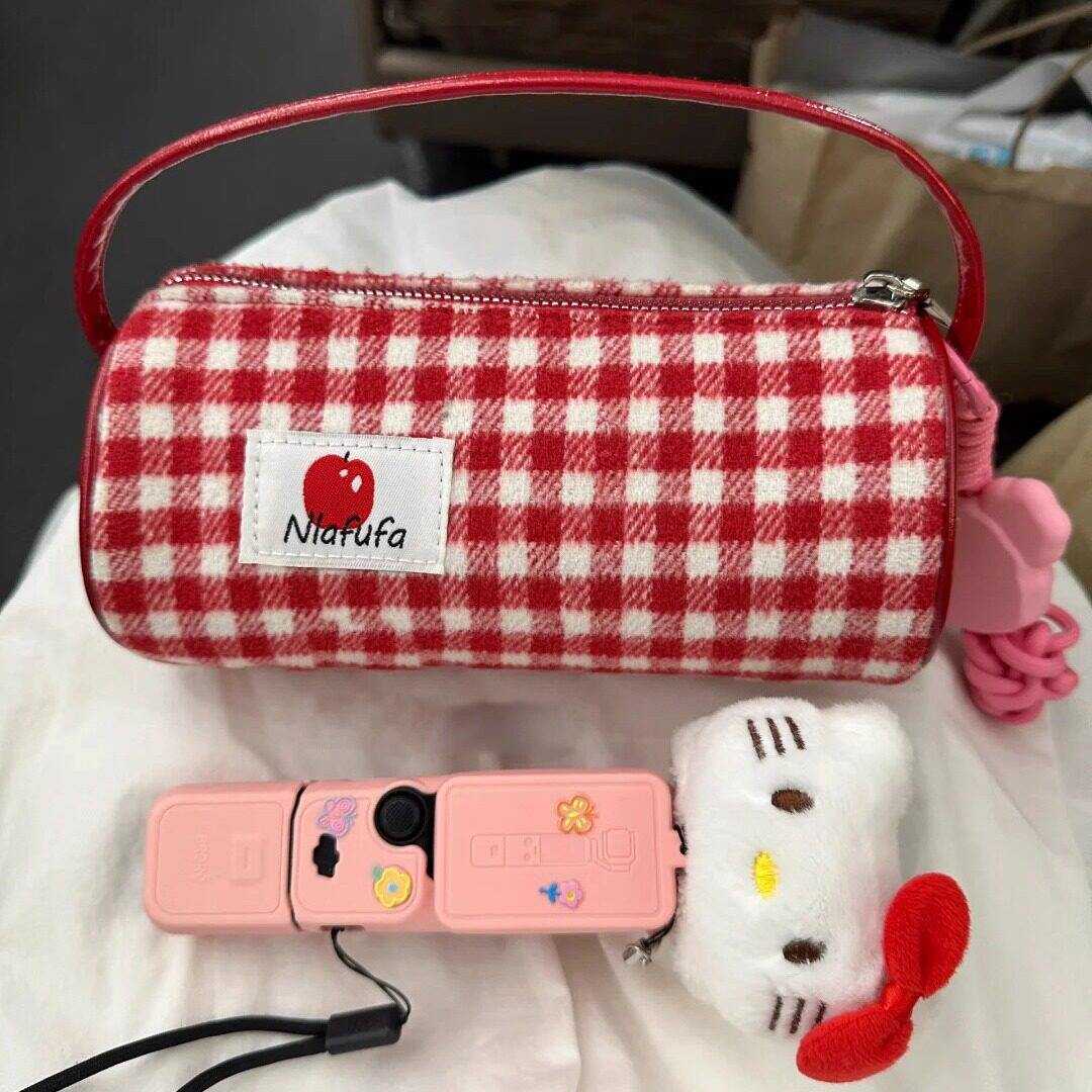 红色格子苹果收纳袋大疆pocket3收纳包相机可携式云台整理袋手提